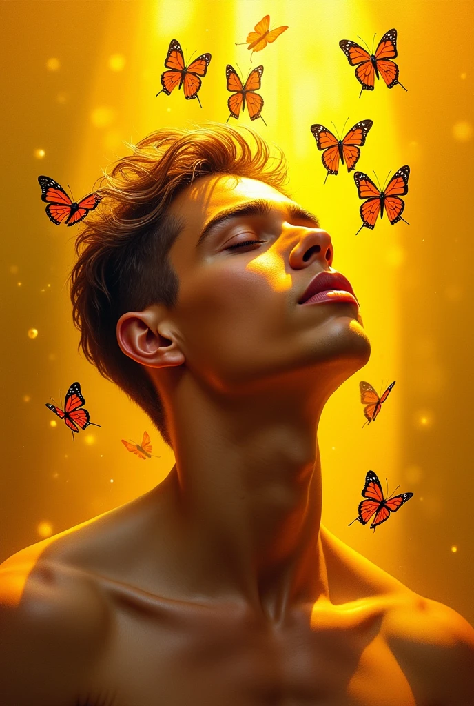 Acrylic paintinh of a handsome guy glowing in yellow light eyes closed, face tilted upwards with butterflies