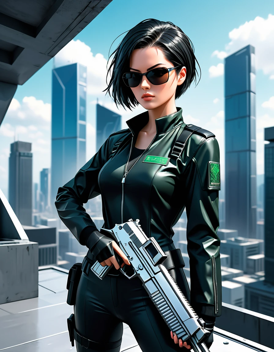 Anime illustration, character Trinity of ((The Matrix movie)) holding a perfect detailed chrome stainless Airsoft Desert Eagle .50 to the viewer on the roof of a skycraper plataform, stunning woman, black shades, short shaved straight haircut, cute face, serious look, surrealistic anime art style, high contrast, dynamic composition, hyperrealism, vibrant colors, sharp focus, deep shadows, studio lighting, wideangle lens, digital camera, high resolution, detailed textures, high detail, smooth lines, sharp edges, intricate details, natural look,8k