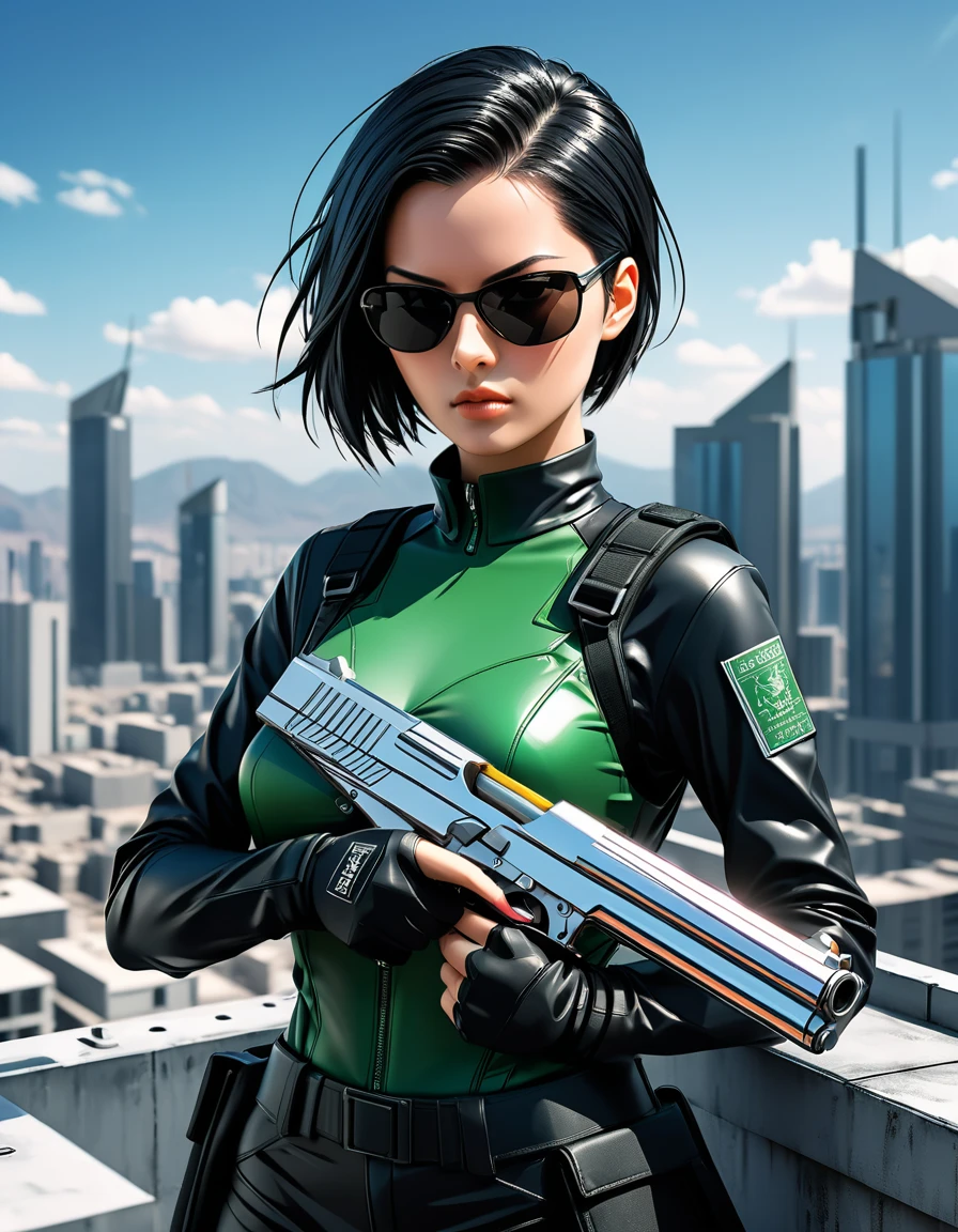 Anime illustration, character Trinity of ((The Matrix movie)) holding a perfect detailed chrome stainless Airsoft Desert Eagle .50 to the viewer on the roof of a skycraper plataform, stunning woman, black shades, short shaved straight haircut, cute face, serious look, surrealistic anime art style, high contrast, dynamic composition, hyperrealism, vibrant colors, sharp focus, deep shadows, studio lighting, wideangle lens, digital camera, high resolution, detailed textures, high detail, smooth lines, sharp edges, intricate details, natural look,8k