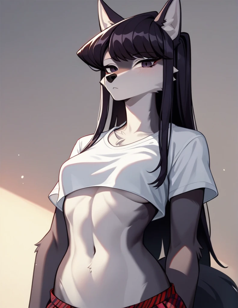 score_9,score_8_up,score_7_up, source_anime, source_furry, Anthro furry wolf girl, Komi Shouko, she is an Anthro furry black wolf, black furry body, wolf snout, black nose, tall and skinny, small breasts, wearing , at a Japanese school,