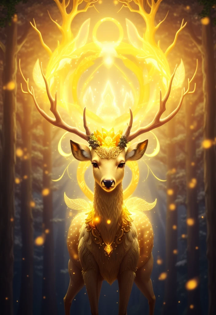 a close up of a deer with a glowing head in a forest, god of the forest, glowing golden aura, anthropomorphic deer, radiating golden light, an anthropomorphic deer, forest spirit, fantasy art behance, beautiful digital artwork, queen of the forest, enlightenment. intricate, anthropomorphic female deer, symmetrical epic fantasy art