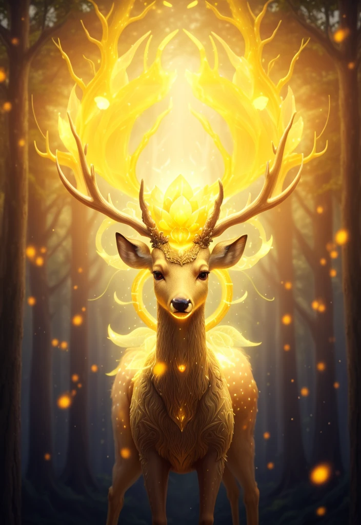 a close up of a deer with a glowing head in a forest, god of the forest, glowing golden aura, anthropomorphic deer, radiating golden light, an anthropomorphic deer, forest spirit, fantasy art behance, beautiful digital artwork, queen of the forest, enlightenment. intricate, anthropomorphic female deer, symmetrical epic fantasy art