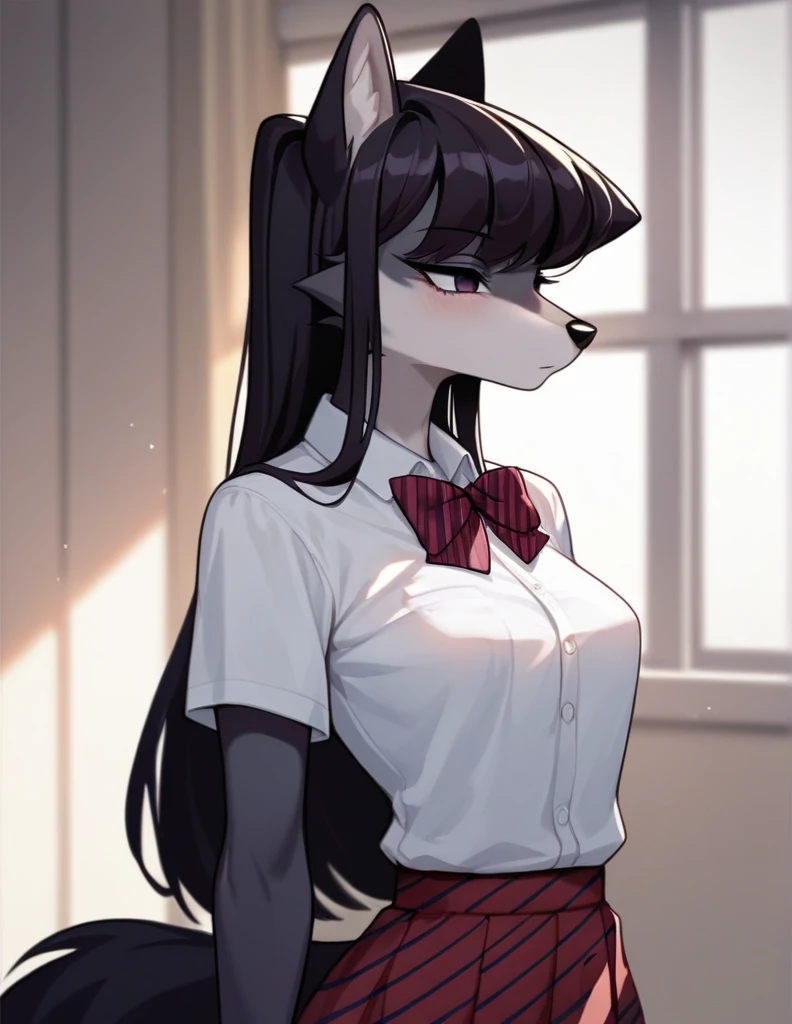 score_9,score_8_up,score_7_up, source_anime, source_furry, Anthro furry wolf girl, Komi Shouko, she is an Anthro furry black wolf, black furry body, wolf snout, black nose, tall and skinny, small breasts, wearing , at a Japanese school, 
