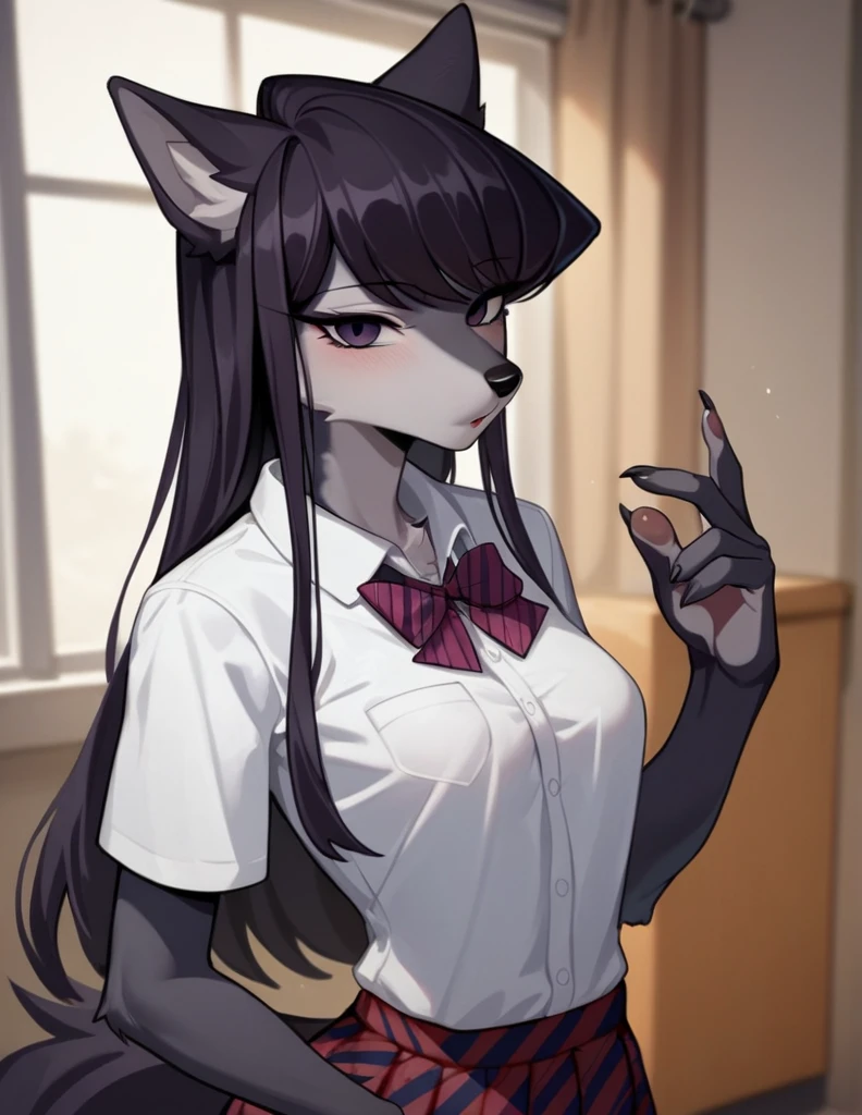 score_9,score_8_up,score_7_up, source_anime, source_furry, Anthro furry wolf girl, Komi Shouko, she is an Anthro furry black wolf, black furry body, wolf snout, black nose, tall and skinny, small breasts, wearing , at a Japanese school, 