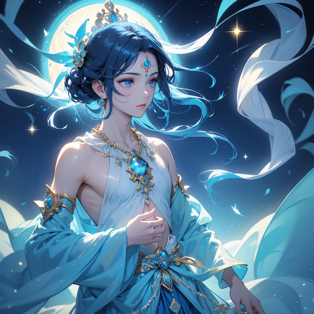Create a profile picture of male Shree Krishna floating gracefully, surrounded by a luminous blue aura that radiates serenity and divine energy. The background should be a deep, celestial blue, adorned with subtle, sparkling stars to evoke a sense of heavenly tranquility.