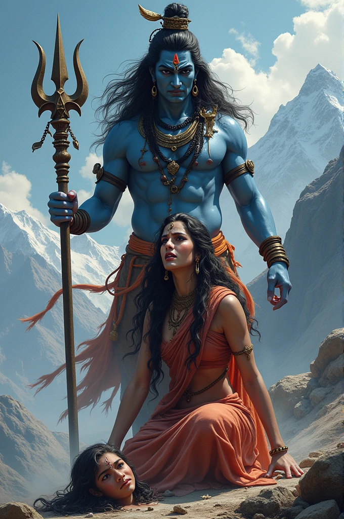Lord Shiva is angry with trisul in his hand
The head of a boy is lying near the feet of lord Shiva
Maa Parvati is crying
Background has to be Himalayas