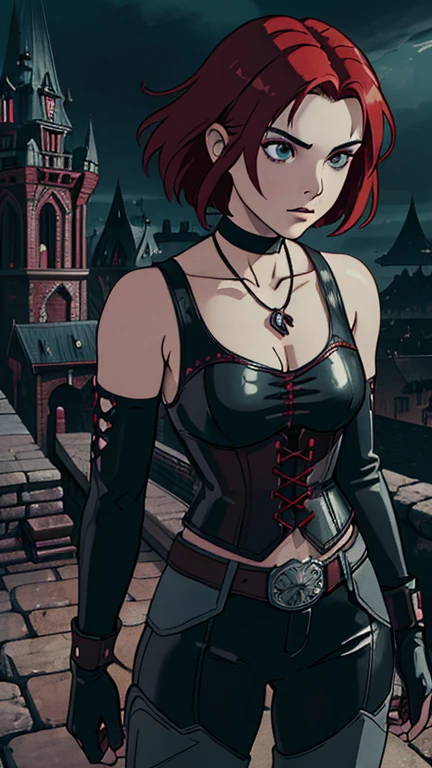 (1girl: bloodrayne), (extremely detailed CG unit 8k wallpaper),(master part), (best quality), (ultra detail), (best illustration),(ghibli style), cowboy shot, (Sharp eyeliner, ombre, detail eyes:1), Dracula Castle background, ,break , (vamptech), Upper body, necklace, black choker, bare shoulders, corset, elbow gloves, midriff, leather pants, knee boots