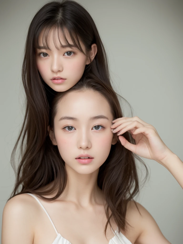 ((of the highest quality, 8K, masutepiece: 1.3)), Women (Full body portrait, front, black frill dress, Big breasts, cleavage, In the Magic Mirror), Overhead camera, Sharp Focus: 1.2, prety woman: 1.4, ((girlish long Hairstyle)), Highly detailed face and skin and hair texture, Detailed eyes, Double eyelids, White skin, beautiful delicate nose, Cute young Japan woman, 20 years old, while emphasizing the theme、pleasing to the eye、tome'thought-provoking composition., Eyes, Mouth and behavior, The contrast between light and shadow creates a unique sense of sadness...、Dynamic angle background blur