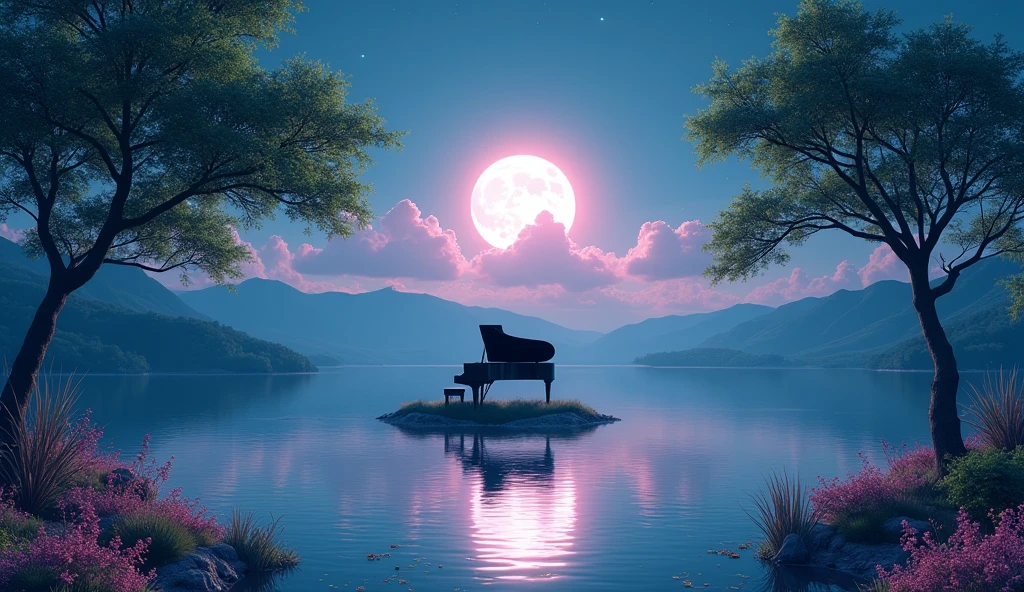 「Under the full moon、The green leaves of the trees are illuminated by the moonlight from both sides.、Scene of flowers blooming on the lake。The full moon and pink clouds are beautifully reflected in the lake.、Mountains in the distance々is seen as a silhouette。The overall scenery has a fantastic and romantic atmosphere.。A black grand piano sits on the island in the middle of the lake, illuminated by the moonlight.