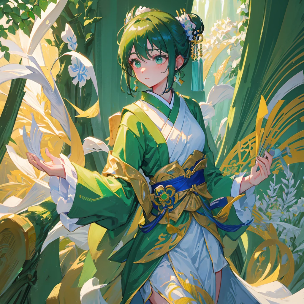 A beauty，Ancient China，Hand holding folding fan，Green Hanfu，Literature and Art，((Pure green background))
