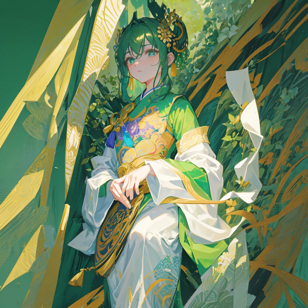 A beauty,Ancient China,Hand holding folding fan,Green Hanfu,Literature and Art,((Pure green background))