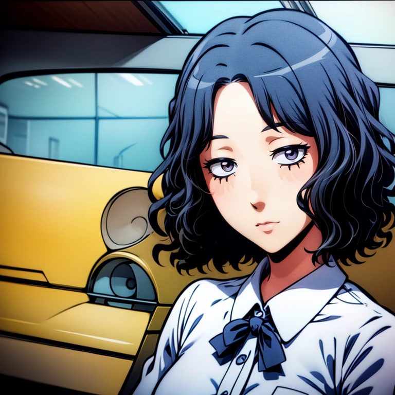 Kirara Onizaki(best quality, masterpiece:1.2, cute:1.1), young,1girls, black hair, black eyes, (:1.1), (small breasts:1.3),,,focus on character,{{enlargement of face and eyes}},,,bob cut,,put a ribbon on your hair,,Clear blue sky,,school uniform,upper body only
