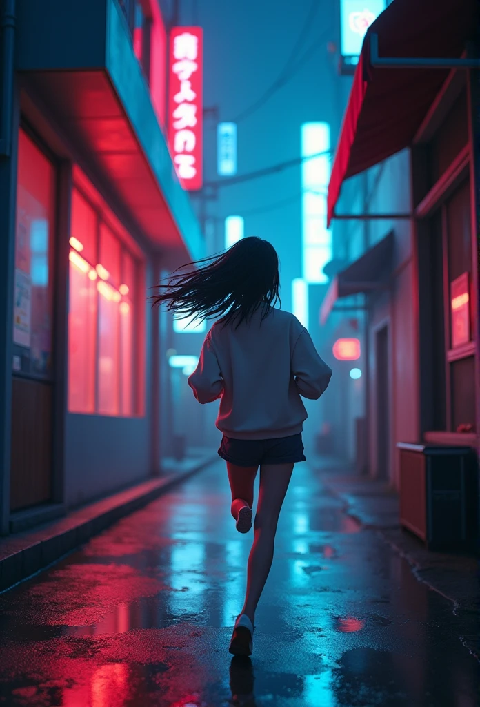 "A stylized, anime-inspired scene of a young woman running through a narrow, neon-lit alley in a futuristic city. The perspective is from behind, capturing the movement of her hair and the dynamic energy of her run. The alley is lined with tall, sleek buildings that have glowing, colorful signs in red and blue, casting a soft, diffused light. The street is wet and reflective, enhancing the neon colors. The overall atmosphere is moody and slightly surreal, with a blend of warm and cool tones, creating a harmonious, dreamlike ambiance. The scene has a vibrant, cinematic quality with a focus on the interplay of light and shadow."