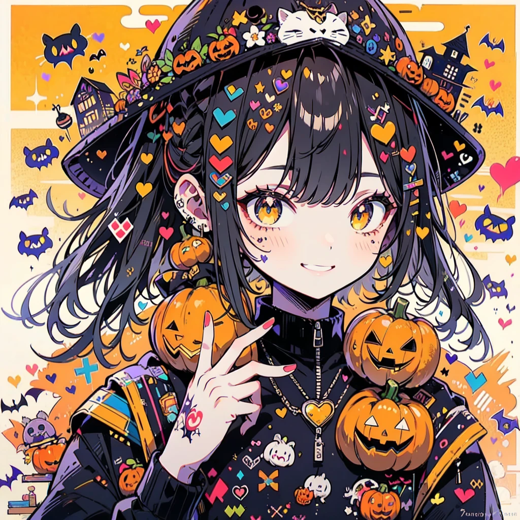 halloween theme boy with a pumpkin hat, orenge style and tattoos on face, pumpkins, smiling, hand signal heart