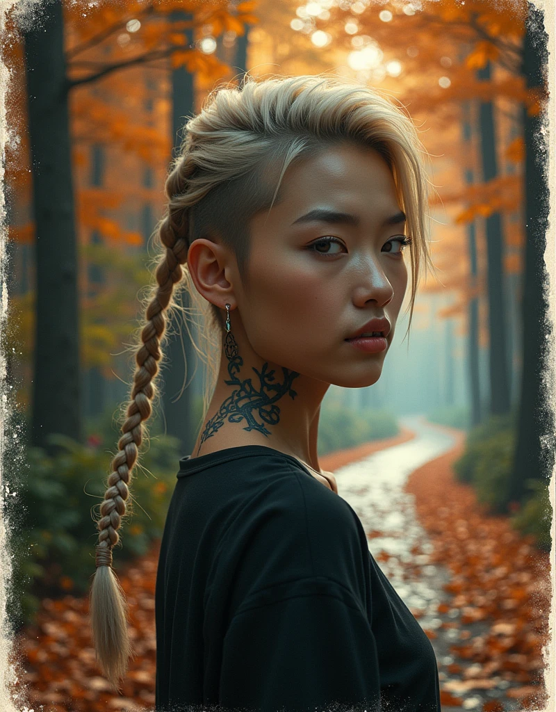 score_9,score_8_up,score_7_up,(a beautiful 18 year Asian 1 girl:1.2),Natural skin,half-closed eyes,narrowed eyes,sexy,(dark smoke eyes makeup),smile protruding canines,mohawk blonde haircut wit thin braids,(rune tattoos on neck) BREAK
Polaroid art,album cover,(autumn maple forest),(very few fallen leaves),(path),castle,beautiful detailed glow,beautiful detailed water,sparkle,action pose,
vibrant colors,high contrast,volumetric lighting,bokeh,mate black,dark mood,low key,realistic,Rich details in the darkness,