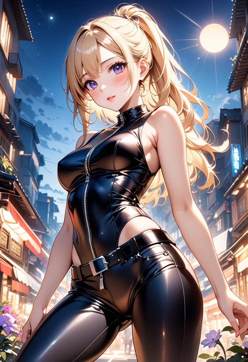 , One Girl, , (camel toe:0.7), (visible nipples:0.7), (Erect nipples,:0.7),, Purple eyes, Shining Eyes, , Lips parted, blush, night, flower, sun, sunlight, Blue and black leather pants, Silver zipper,Belt below the waist,Ultra-fine illustrations,blonde , Show your forehead, Silver Center Zipper, Leather Blue Black Bodysuit, Sleeveless Blue Black, Shiny, blonde ponytail, ai-generated, 真夏のnight景,