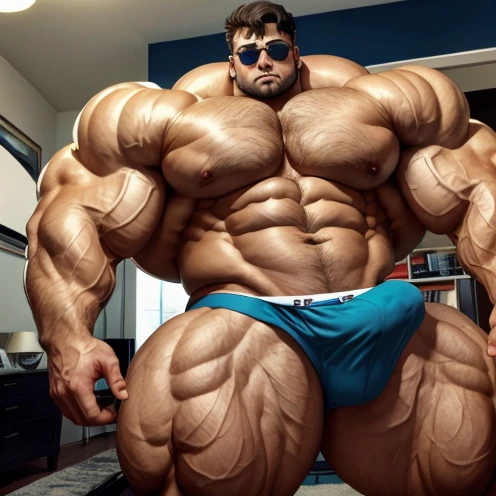 brutalmass, a young and very handsome man, perfect, normal and beautiful face, sunglasses, shirtless, exaggeratedly muscular body, exaggeratedly huge muscles, exaggeratedly huge and pointed Bulge bulging out his underwear, vpl, in an apartment