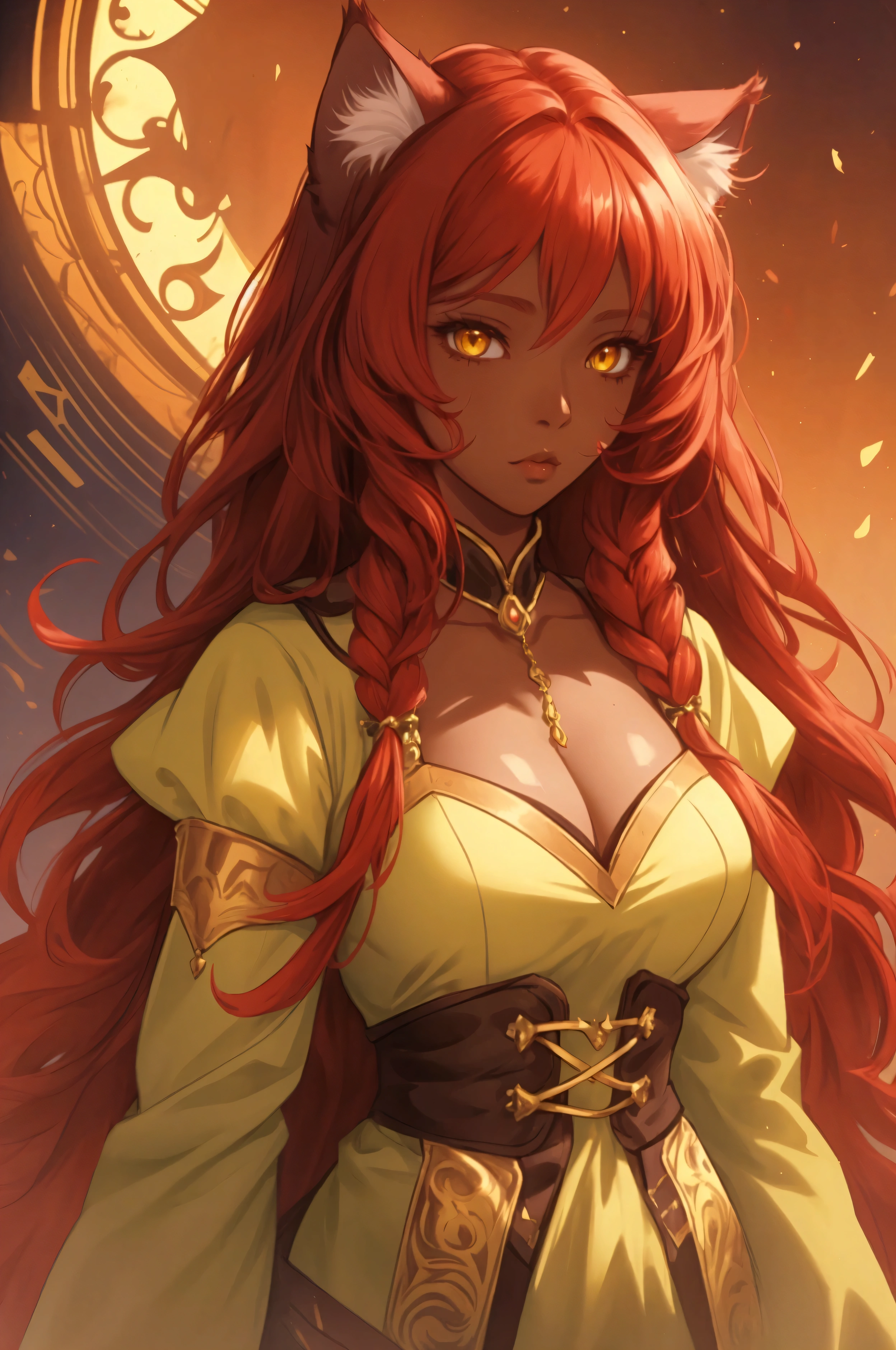 Woman, female focus, solo, fluffy cat ears, red hair, very long hair, yellow eyes, chocolate skin, fantasy clothing, anime, top quality, ultra definition, Illustration, high resolution, fantasy background