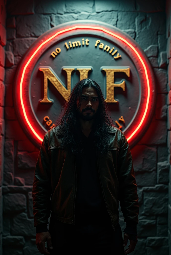 In the night at the secret meeting side  room , Very long-hair Indonesian toraja man, stocky, wearing a leather jacket, realistic, looking at the viewer, the back wall of the room has a round logo that says "NLF no limit family", letters embossed from clear red and white acrylic with gold dust, glowing corners, black natural stone background, surrounded by neon lines and clear color music note symbol lights up, the outer frame of the engraving line lights up softly, part of the logo is dark, realistic complex light ,8K,4D,HDR, hyper realistic,cinematic lighting,real sunlight lighting from the right side