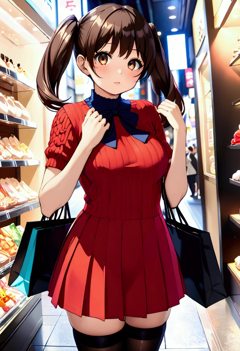 (nsfw:1.5)((垂れeye)),(((Twin tails))),Dark brown hair,pupil_Black,pupil_big,eye_small,Baby Face,round face,8k wallpaper, (shape:0.8), (Beautiful attention to detail:1.6), Highly detailed face, Perfect lighting, Extremely detailed CG, (Perfect hands, Perfect Anatomy),Ginza,Tokyo,shopping,（Knitted dress）,Black Stockings,Celebrity Style,