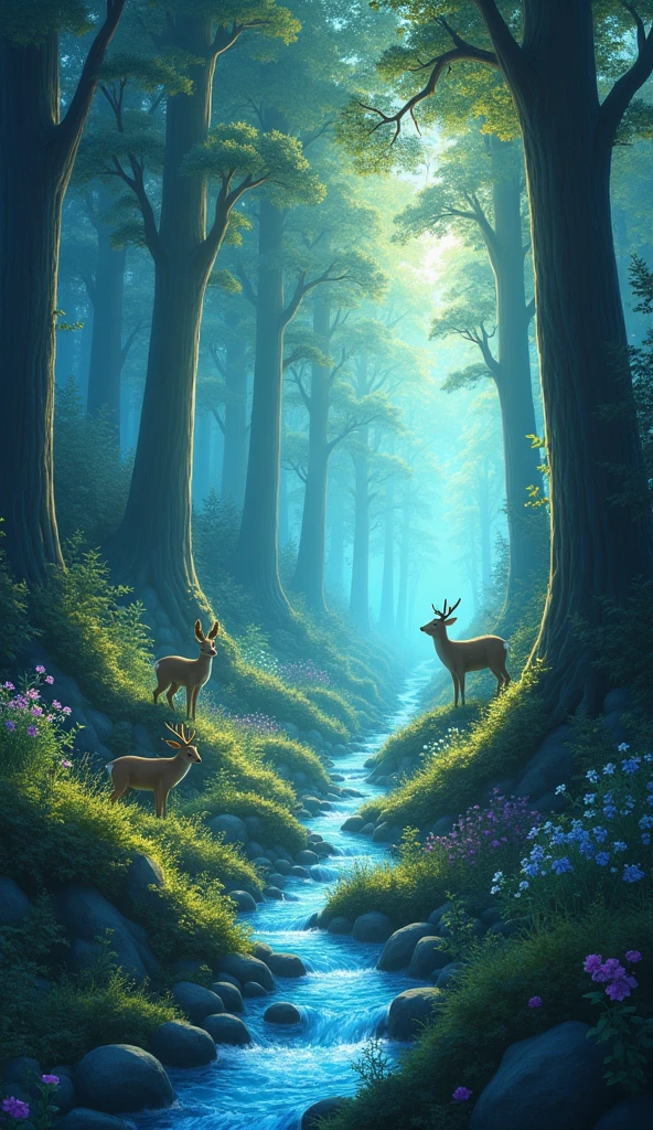 The forest is magical, with tall, glowing trees, sparkling streams, and friendly creatures peeking out from behind the trees.