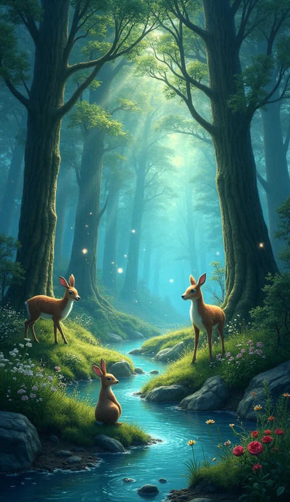 The forest is magical, with tall, glowing trees, sparkling streams, and friendly creatures peeking out from behind the trees.