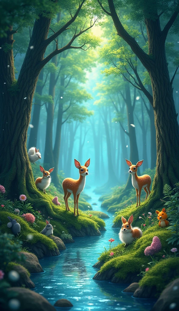 The forest is magical, with tall, glowing trees, sparkling streams, and friendly creatures peeking out from behind the trees.