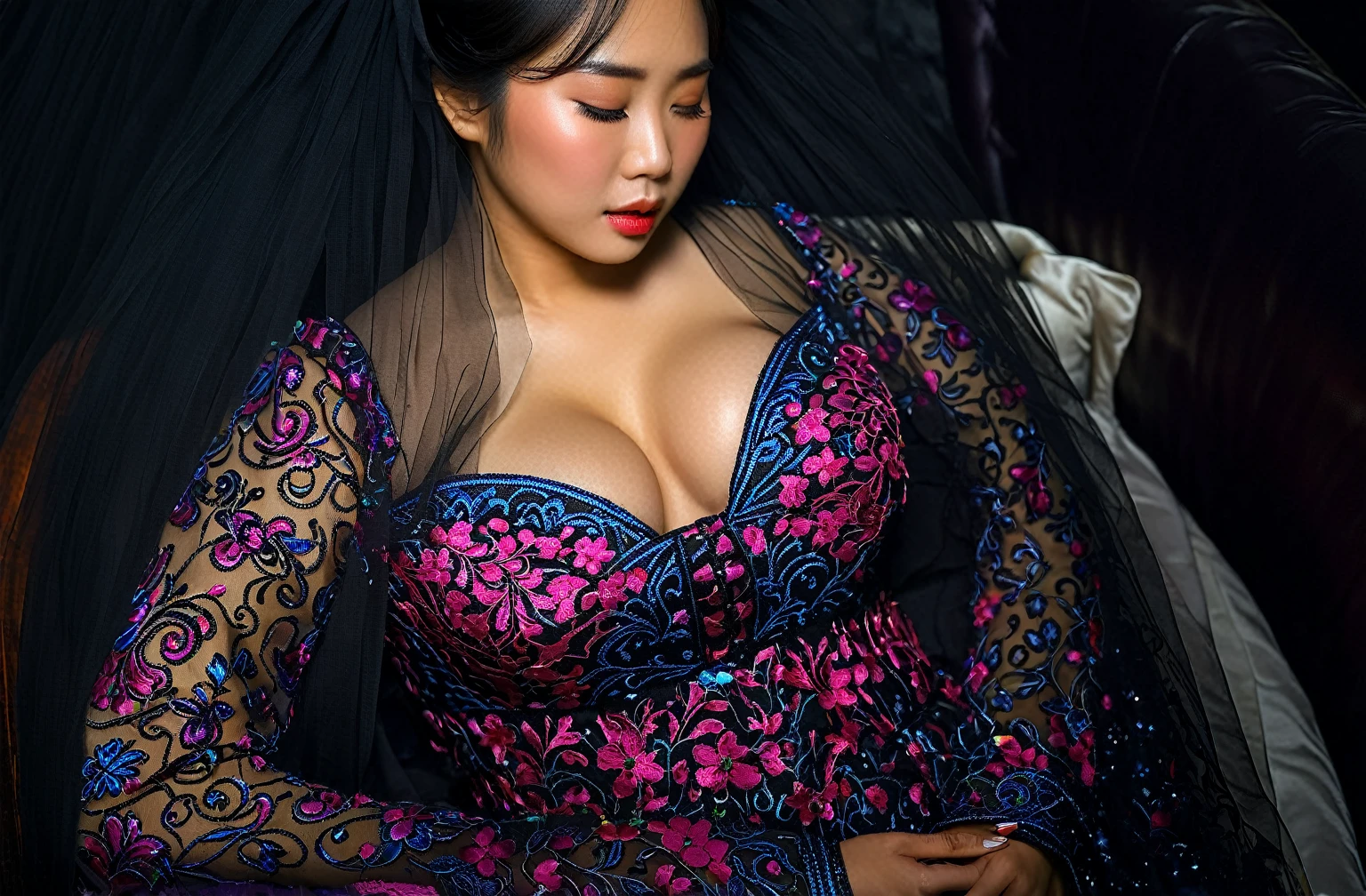 In a striking 8K HDR scene, a stunning Korean woman, 22 years old, lies peacefully in a coffin and coffin cover surrounded by plush pillows behind head. The deep box is set against a rich black background, accentuating the beauty of the subject. Her exquisite deep-V neckline kebaya attire is embroidered with superb detail, showcasing her round and firm breasts, perfect cleavage, and beautiful eyebrows. Her closed eyes and mouth give an air of serenity, while her visible and absolute cleavage leave nothing to imagination. The scene is bathed in saturated colors, highlighting every intricate aspect from the ball skirt to her clean face, straight body, detailed hand perfect hands, straight body, own hands together, own hand on stomach, detailed hands, perfect hands, holding the flowers, waring high heels