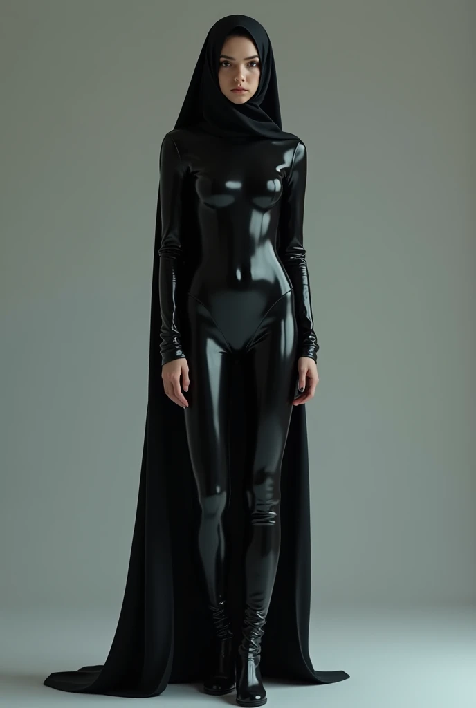 A girl wearing hijab . Innocent face. Long leg. Wearing full body black latex suit. High quality. High resolution