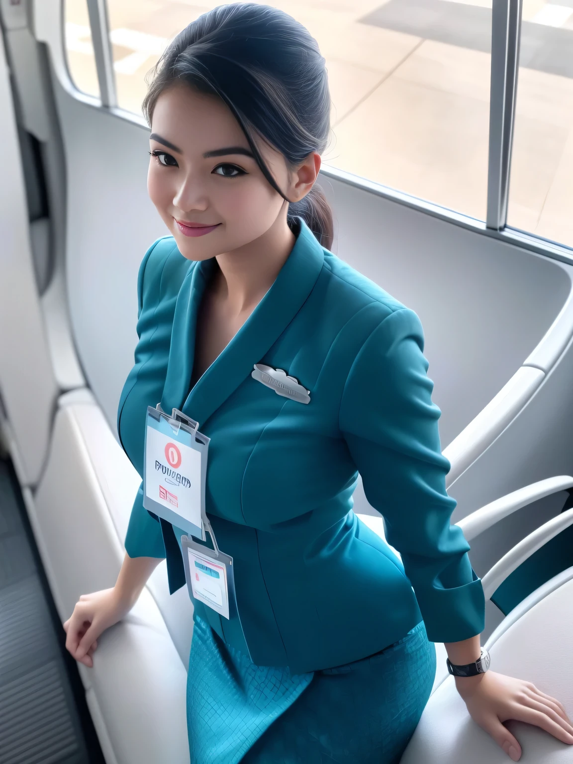 1girl, solo, 19 years old, in the middle of a large airport, seductive pose, thick medium breasts, semi-curvy body, smooth realistic skin, cute little smirk, wearing flight attendant uniform, looking at the audience, (overhead shot:1.3), (zoom-out:1.4), (8k, RAW photo, best quality, masterpiece: 1.4), (realistic, realistic: 1.37), ultra-high resolution, cowboy shot