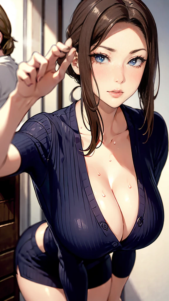 1female、makeup、skin-tight, Seductive eyes, mysterious expression, mature appearance, Attractive woman、A MILF,Waifu,Colossal tits、large cleavage、a miniskirt、Detailed background、Detailed people、Dark cold lighting、the pose,Sweat,steam,