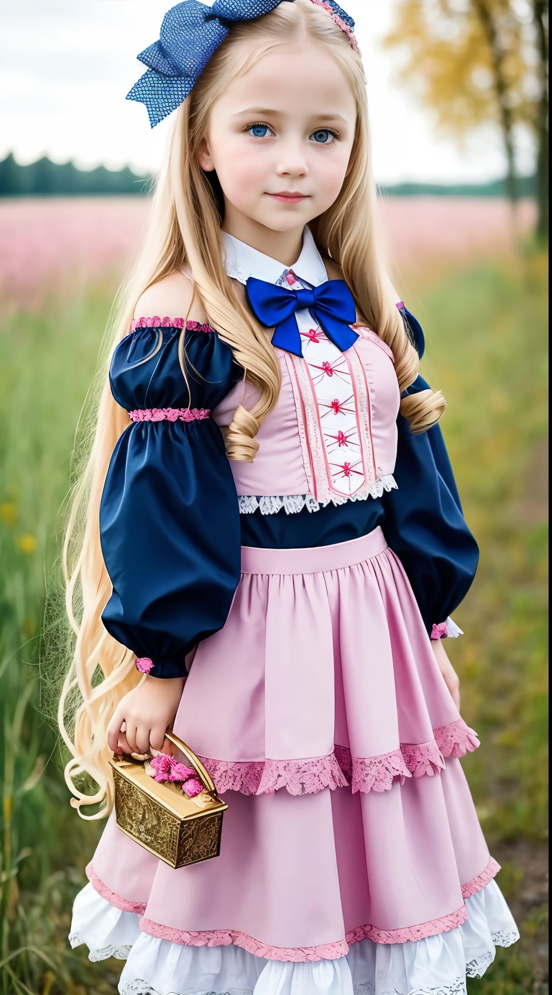 Russian, , Portrait , Long blonde hair and bow,Layered skirt,Noble,opulent,cropped shoulders,Pink big breasts