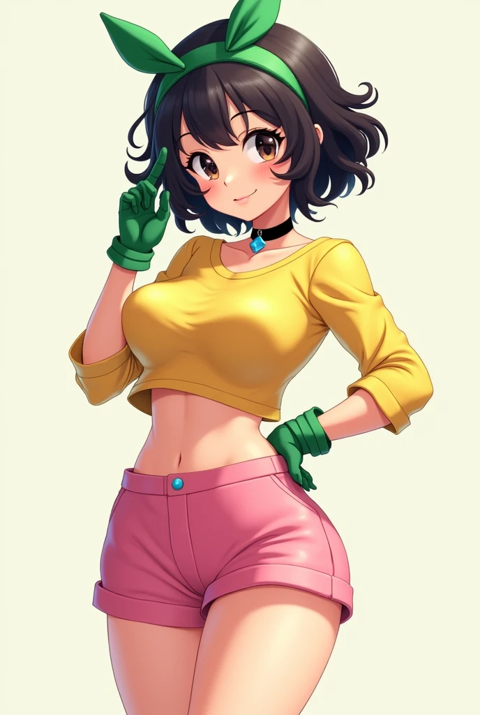 Cute girl, short curly black hair, green headband, green gloves, yellow shirt, pink shorts, big breasts, exposed belly, black collar