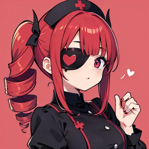 Cute Girls　Gothic Nurse Clothing　Red hair　Drill Hair　Masaki Takei style　Eye patch　Devil&#39;s Wings　tooth　Background white　Upper Body　Anime Style　sd　