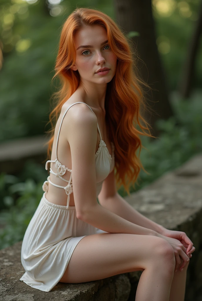 raw, a photo of a seductive ager with loose styled, (redhead hair:1.2), bored, she is wearing a summer dress, in a forest, sit on the ground, showing her panty, focus on her groint, mascara, fullbody shot, (textured skin, skin pores:1.1), (moles:0.8), imperfect skin, goosebumps, flawless face, (light freckles:0.9), (sun-kissed:1.1), ((photorealistic):1.1),
