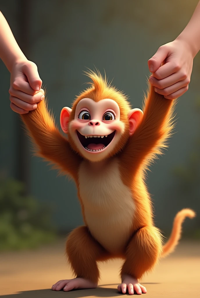 View of a realistic happy monkey helded bu eachothers hands and spinning it around from that person's perspective