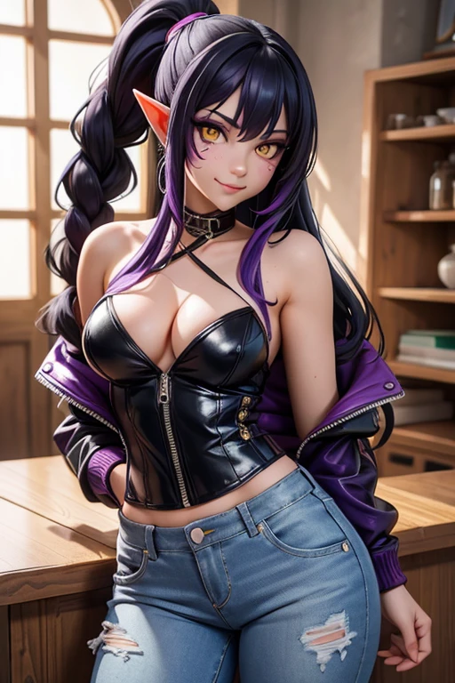(best quality), 1girl, solo, Shyvana, dragon girl, facial mark, pointy ears, yellow eyes, colored sclera, slit pupils, colored scales on human skin, (purple skin:1.2), french braids, low ponytail, long hair, red-black hair, toned, looking at viewer, shy smile, indoors, leather jacket, off-shoulder jacket, white shirt, tank top, jeans, cute face