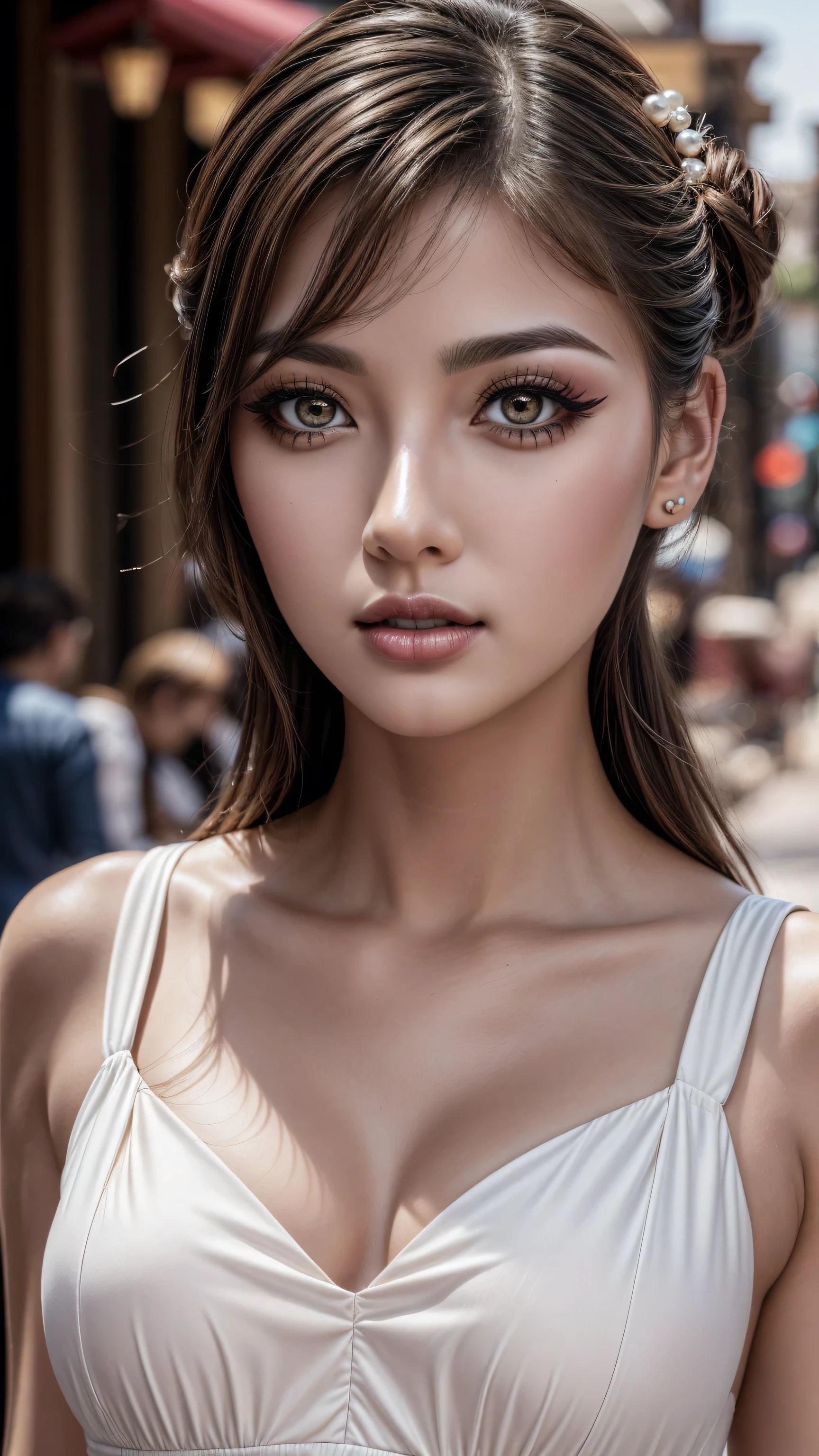 (ultra high resolution), (photorealism 16K realism Quality), (ultra-fine digital art), (Hyper-realistic proportional body, anatomically correct:1.2), (super detailed beautiful face), (light pale complexion), BREAK, ((small round head)), (ultra detailed beautiful slim and sharp-face), (best highest detailed realistic brown_eyes:1.2), ((Insanely realistic sharp-eyes)), (droopy eyes:1.3), Thin eyebrows, Carefully draw eyelashes, Eyelash extensions, (tired and sleepy and satisfied:0.0), perfect round eyes, finely detailed pupils,BREAK, detailed lips:1.3, pink_makeup:1.14, glossy red_lipstick:1.2 ,perfect light_eyeshadows:1.25, (Detailed nose:1.2), ((Clad in a retro polka-dot dress with a cinched waist and pearl accessories, complemented by a classic updo:1.22)), (Amidst a quaint town square, with cobblestone streets lined with charming boutiques and antique shops, where time seems to stand still:1.2), (seductive:1.22),