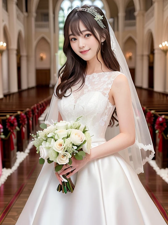 a woman in a wedding dress holding a bouquet of flowers、White Wedding Dress,Hanae Mori style wedding dress、Lace wedding dress looking at camera、Detailed and beautiful eyes、Cute smile、Relaxed and gentle expression