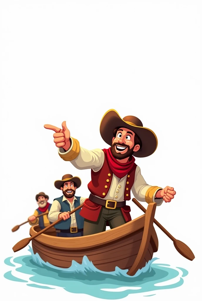 cartoon type image, White background, An explorer in his boat pointing forward and his crew behind rowing