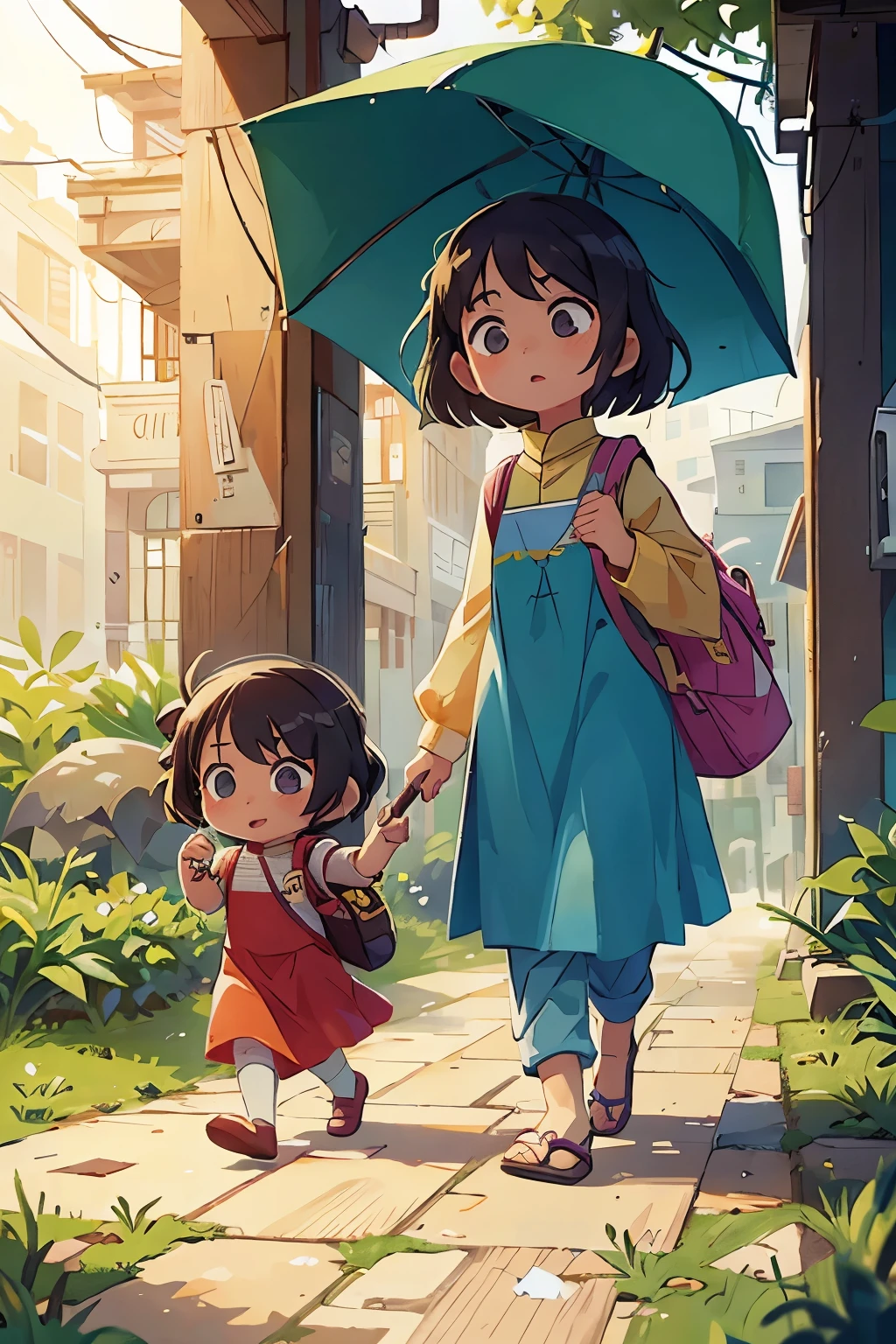 two sisters, wearing shalwar kameez, older sister carrying an umbrella and school bag for litter sister, sunny day, warm