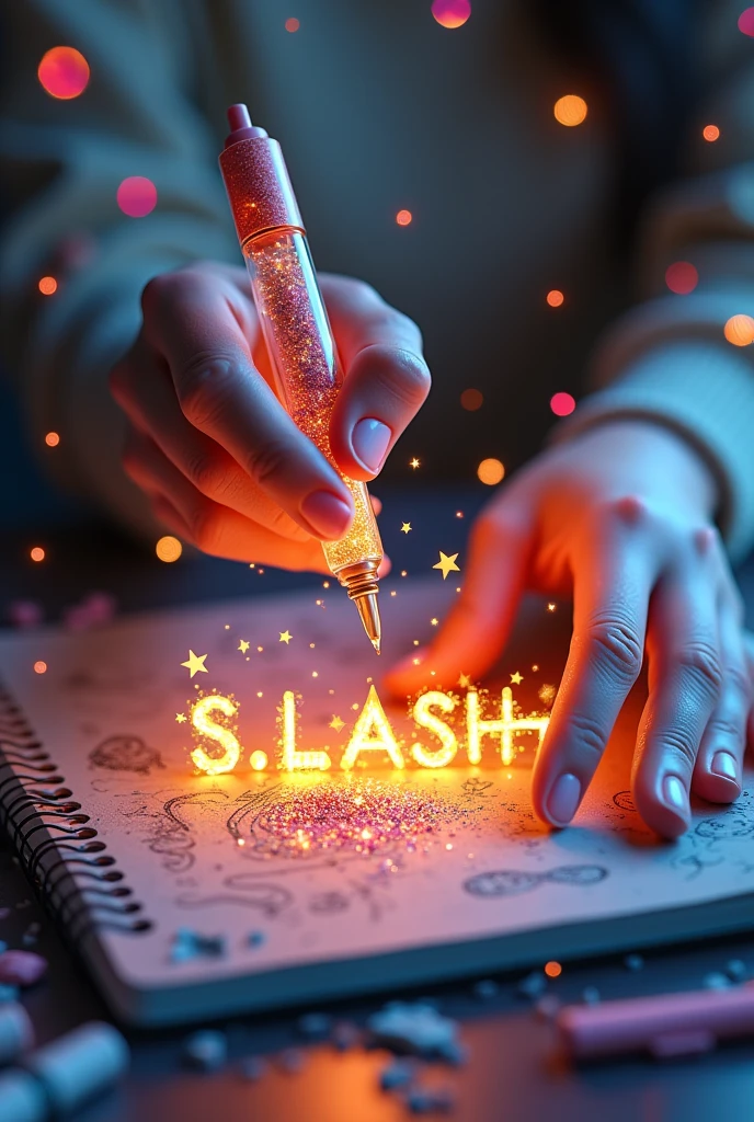 Fascinating, hyper-realistic 16K 3D figure captures a magical moment of pure creativity. Talented artists expertly depict heartfelt messages, "S,L,ASH", In your notebook. The text is composed of Vibrant, Sepia-toned stars with smooth transitions across the spectrum. Artist's Hands, Holding a transparent pen filled with sparkling stars, Exquisitely detailed, Symbolizes limitless creativity and imagination. Background、A three-dimensional sketchbook setting scattered throughout, このFascinating作品に深みと立体感を加える, gameffiti-inspired scene. The figure radiates energy, Movement, and Vibrant colors, A true work of art that celebrates creativity and imagination.., game, Cinematic, Vibrant, gameffiti, Painting, typogamephy, product, figure, photograph, 3D Rendering, fashion, Dark fantasy