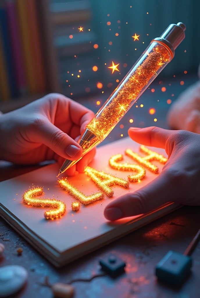 Fascinating, hyper-realistic 16K 3D figure captures a magical moment of pure creativity. Talented artists expertly depict heartfelt messages, "S,L,ASH", In your notebook. The text is composed of Vibrant, Sepia-toned stars with smooth transitions across the spectrum. Artist's Hands, Holding a transparent pen filled with sparkling stars, Exquisitely detailed, Symbolizes limitless creativity and imagination. Background、A three-dimensional sketchbook setting scattered throughout, このFascinating作品に深みと立体感を加える, gameffiti-inspired scene. The figure radiates energy, Movement, and Vibrant colors, A true work of art that celebrates creativity and imagination.., game, Cinematic, Vibrant, gameffiti, Painting, typogamephy, product, figure, photograph, 3D Rendering, fashion, Dark fantasy