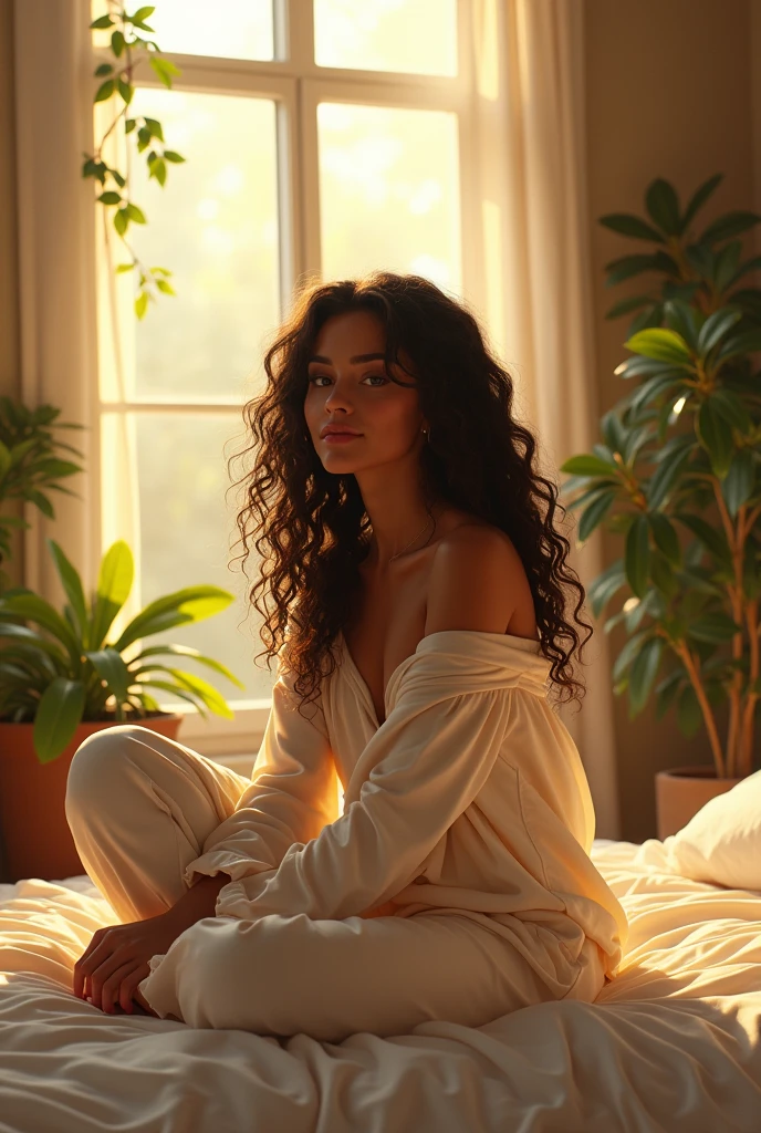 (photorealism:1.2), beautiful woman, sitting on bed, wearing loose off-shoulder top, pajama pants, long curly hair, indoors, soft lighting, plants in background, window with sunlight, cozy room, relaxed pose, realistic, intricate details, warm colors, by Greg Rutkowski, by Alphonse Mucha