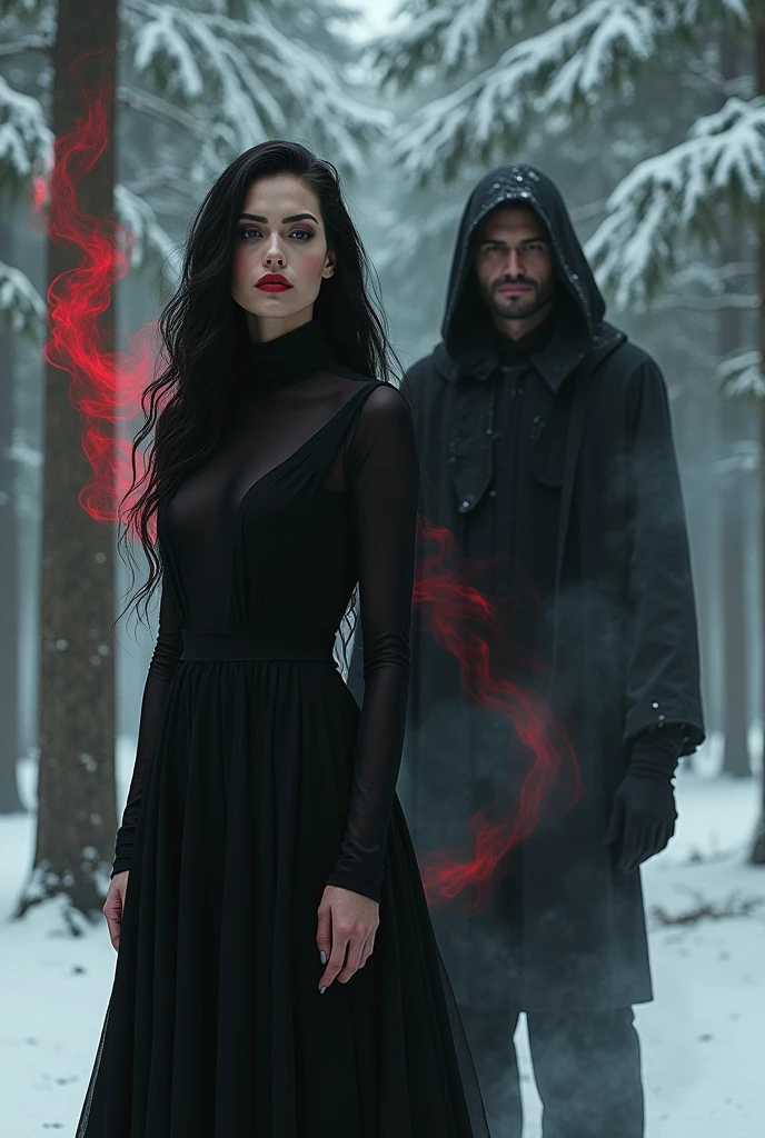 Woman with long wavy black hair, full red lips, dark grey eyes, wearing a black turtleneck dress with red smoke around her, stands in a snowy pine forest next to a man with black smoke, black suit, short disheveled black hair, grey eyes, marked jaw, in the background a hooded man with a covered face, dressed all in black
