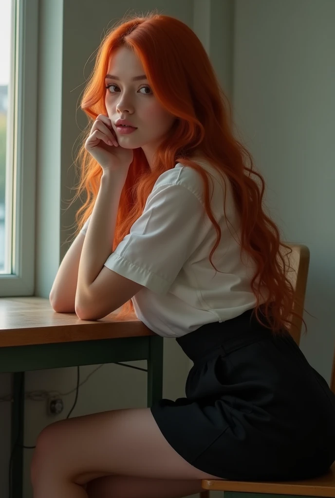 ((masterpiece, highest quality, Highest image quality, High resolution, photorealistic, Raw photo, 8K)), (full body shot:1) photorealistic image of a (sitting pose:1) ultrarealistic, photography, long red hair, woman, 24 years old, hourglass figure, perfect body, seductive look, natural medium breasts, (Masterpiece, Professional lighting, 16k, 8k wallpaper, raw photo, photorealistic:1.8, ultra detailed, natural gentle lighting, detailed skin, detailed face, detailed eyes, textured skins, cinematic composition, detailed background:1.2 ), BIBC, (extremely beautiful face, cute face, attractive feminine body, sexual expression), black skirt and stockings leaning over a table, a hyperrealistic schoolgirl, cute schoolgirl, high school uniform, sat at her desk, wearing school uniform, wearing school uniform, on a desk, epic natural light