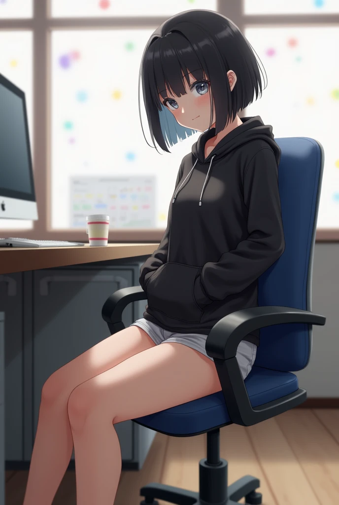 A girl sitting in an office chair in a streamer-like room。Looks like an 、Black short bob。With a neutral face、Height: about 140cm。slender and small breasts。Wearing a black hoodie、Shorts underneath。Her slender bare legs are exposed.