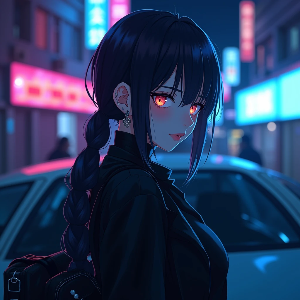 A anime girl standing beside her car and smoking ... She is wearing a classy black clothes clothes in night ... Her face is in blue and pink neon lights... She is wearing dark makeup... Her ears is pierced with piercings ... She is in her side profile thinking about something ... Her eyes is glimmering in dark