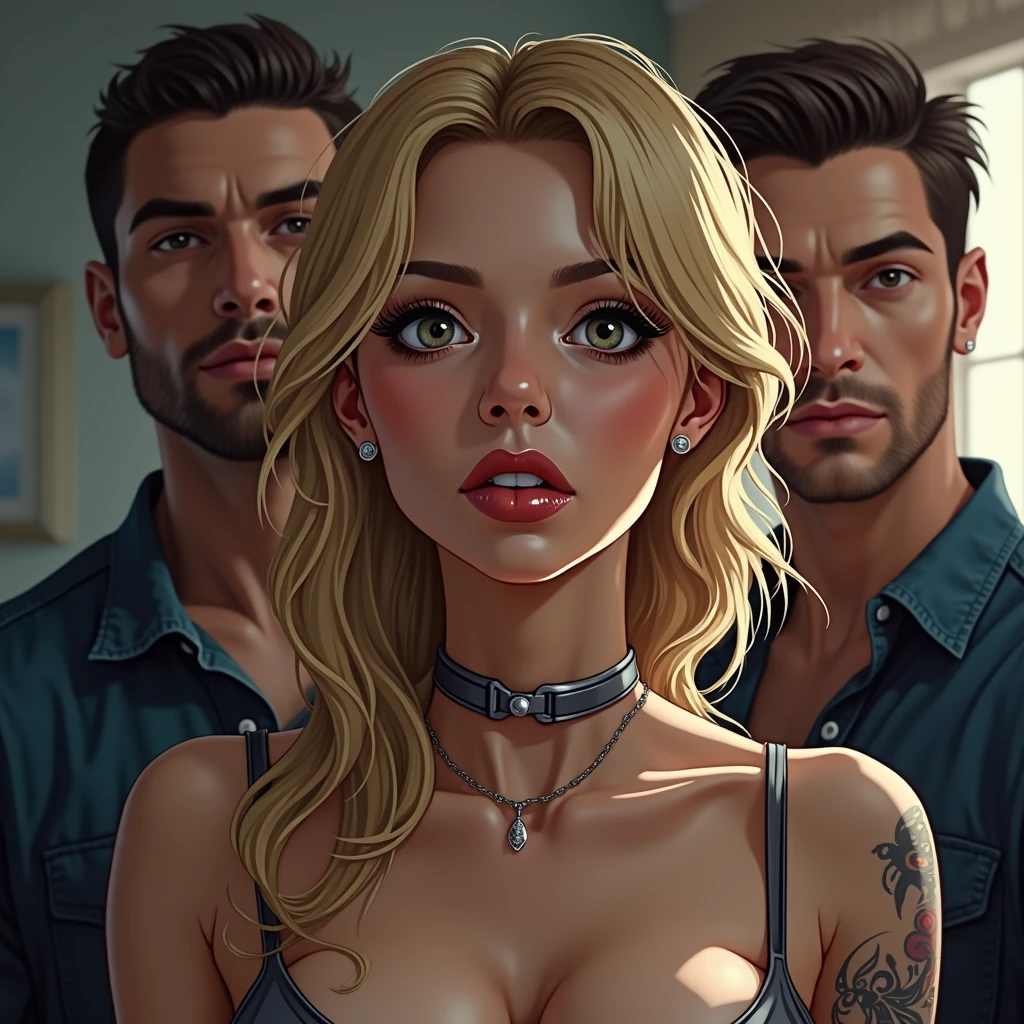 Beautiful blonde woman surrounded by naked black men