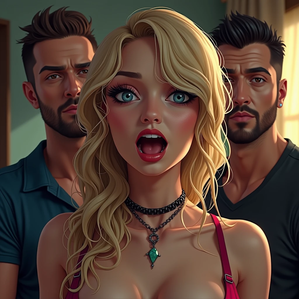 A hyper realistic photo in cyberpunk style with vivid and attractive colors, A blonde woman with a sexy and defined body, accompanied by her husband and her friend, The three have an air of passion for the situation and enjoy provoking, She is very excited and her breasts are showing., the two men are standing and shirtless, men have defined and muscular bodies, she is kneeling between them, with one handcuffed behind his back, digital painting style image, sharp focus, illustration art by greg rutkowski, nsfw.